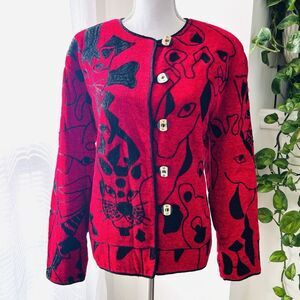 Vintage Allure Red Art Deco Animal Cat Giraffe Dog Embroidered Blazer Jacket Lg